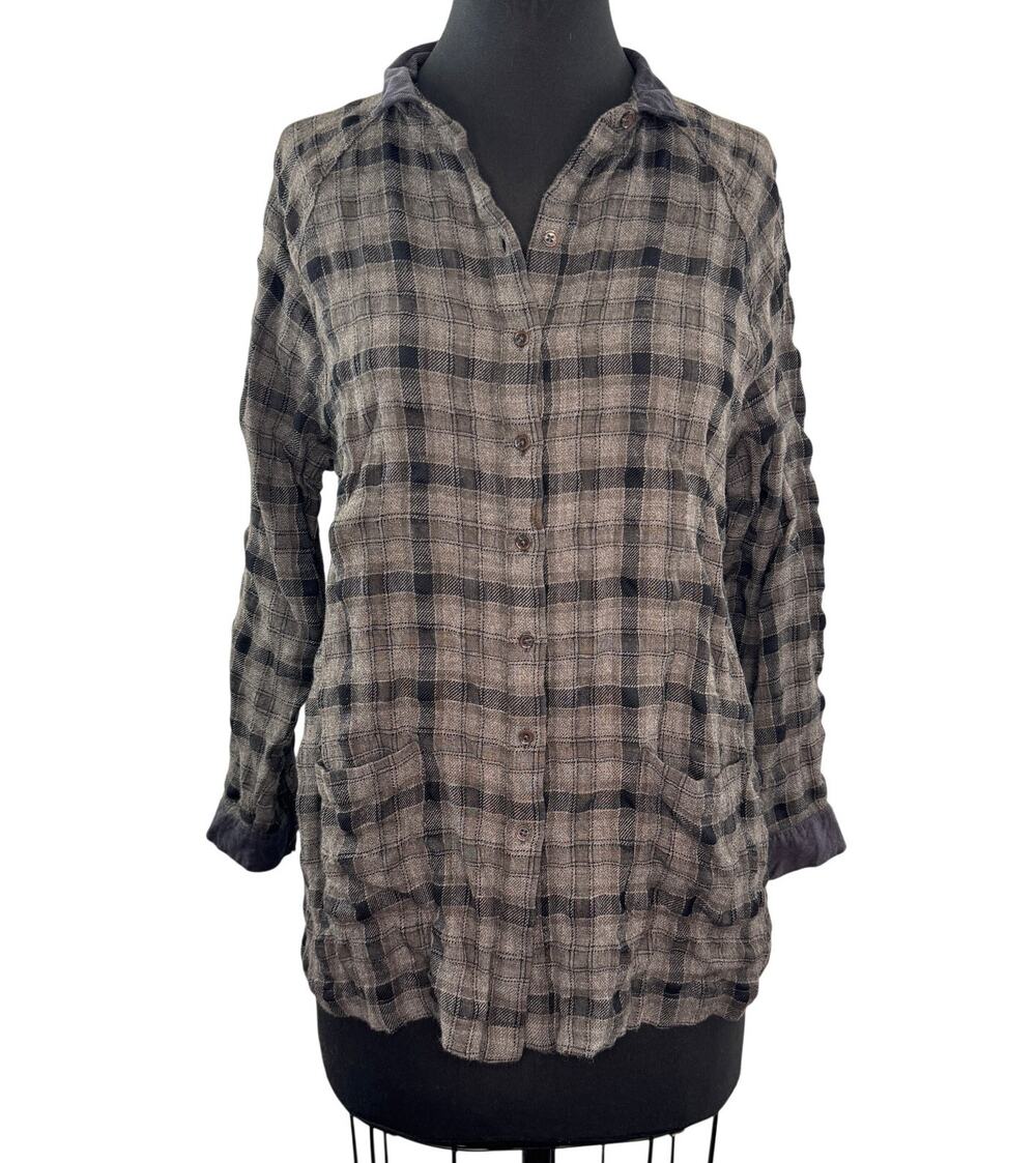 POETRY Black Brown Shirt Wool Plaid Collared Raglan Sleeve Button-Up Sz 10 FLAW
